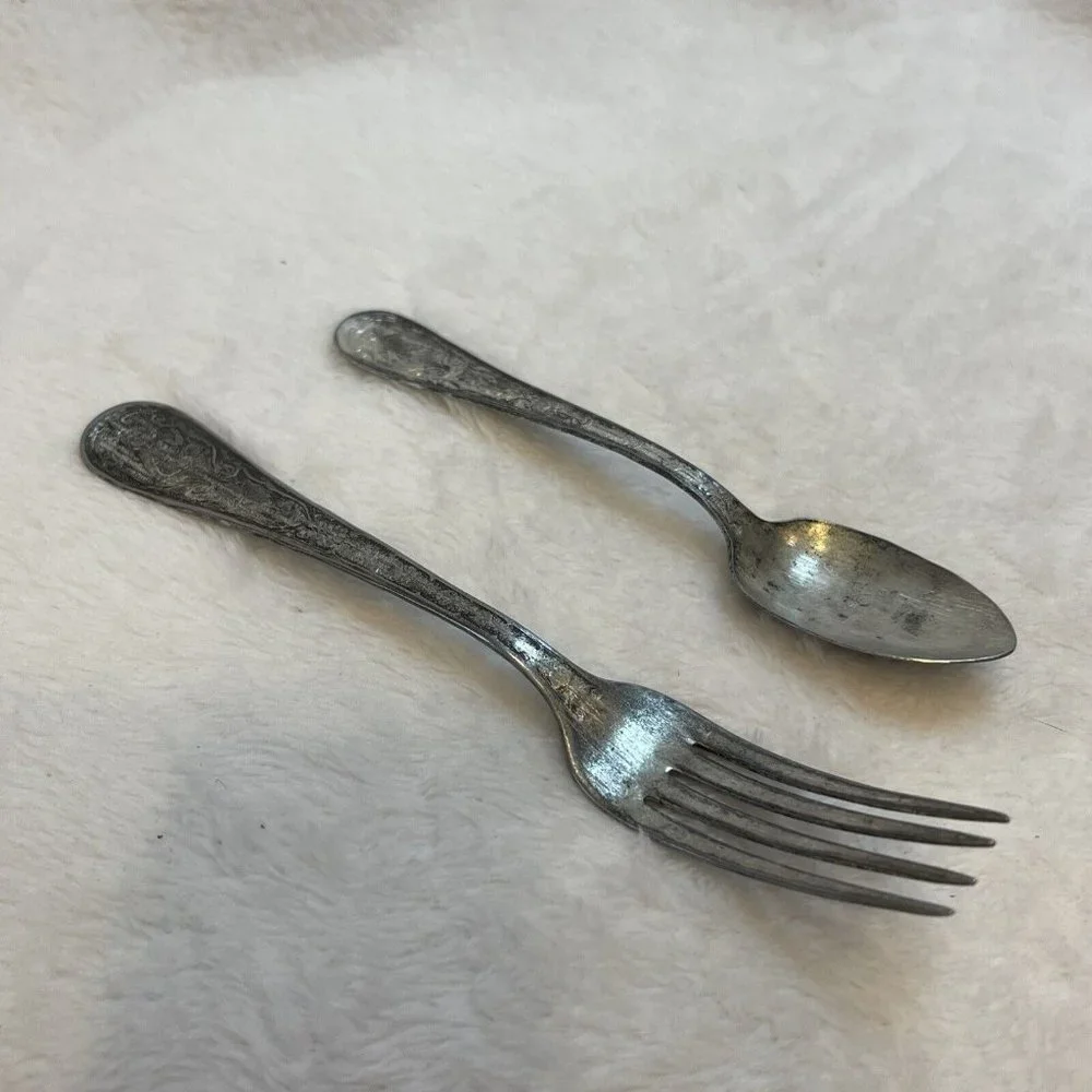 Vintage Children's Toy Fork &‎ Spoon WBW with Girl & Bear On Handles 2 Piece Set